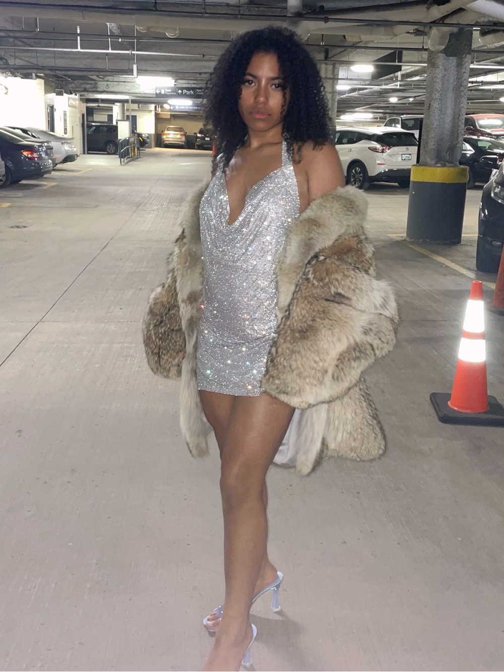 Meshki Silver Sequin Cowl Neck Mini Dress